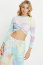 Multi Long Sleeve Tie Dye Jersey Knot Front T Shirt - Size XS, Women's Tshirt Crop