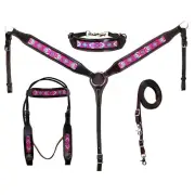 western Leather Equestrian Tooled Beaded Headstall,Breast Collar & Reins. (H045)