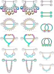 [Ftovosyo] 20Pcs Nipple Ring 14G Surgical Steel Tongue Nipplerings Barbell Bar Hoop Rings Retainer CZ Heart Chain Dangle Nipple Piercing Jewelry for Women Men 14MM (9/16 Inch)