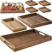 7-Piece Wooden Serving Trays Set, Rustic Nesting Food Trays with Handles, Rectangular Platter for Coffee Table, Ottoman, Countertop – Decorative Centerpiece for Dining, Kitchen, or Entertaining