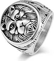 RIUKIU Vintage Lion Head Seal Ring, Stylish Stainless Steel Men's and Women's Rings,Silver,11