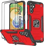 [KANSi] Case for Samsung Galaxy A04S / A13 5G, Protective Film [Pack of 2] Silicone TPU Hard PC Mobile Phone Cases 360 Degree Rotating Ring Holder Bumper Shock Absorption Protective Case - Red