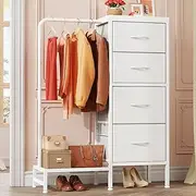 [HIGDBFE] Dresser with Hanging Rack, Small 4 Drawers for Bedroom for Kids, Reversible for Closet with Clothes Rack, Tall Chest of Fabric Drawers, Sturdy Frame, White, 44''H