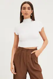 White Textured Top Short Sleeve - Size L, Women's Top