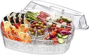 Lifenova Ice Party Platter 4 Section Ice Serving Tray Clear Plastic Veggie Tray with Lid Cold Fruit Serving Platter Dishes 3 Layers Catering Trays for Parties Food Appetizers Vegetables Salads Snack