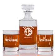 Trump Circular Star Frame Engraved Whiskey Decanter Rocks Glasses 3 Piece Set
