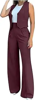 [HGps8w] Pant Suits for Women Dressy Casual 2 Piece Outfits Sleeveless V Neck Blazer Vest with Wide Leg Pants Work Office Sets, 01 Wine, X-Large