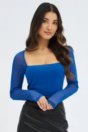 Blue Bodysuit Long Sleeve Square Neck Mesh Lined - Size XXS, Women's Bodysuit
