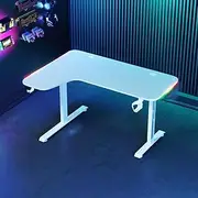Advwin White L Shaped Gaming Desk 140cm Carbon Fiber Gamer Workstation Desk with LED Light