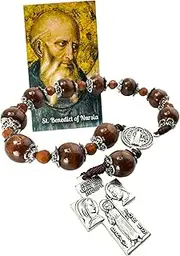 [Westmon Works] St Benedict Rosary Chaplet One Decade Wooden Bead with Metal Centerpiece and Cross Set with Holy Prayer Card, Small, Metal, No Gemstone