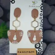 BOHO ARCH TERRACOTTA BROWN TAN WHITE DANGLE GOLD EARRING POLYMER CLAY HANDMADE