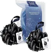Bath Shower Pouf - Bamboo Charcoal Infused Large Mesh Sponge Loofah Ball 60 g - Body Scrubber - Cleansing and Exfoliating - for Men Women Kids (2-Pack)