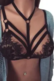 Black Bralette Top Lingerie Lace Fringe Halter Fashion Exotic Medium 250233