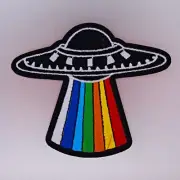 Rainbow UFO Patch (Large) — Iron On Badge Embroidered Motif — Fun Space Colour