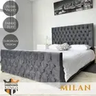 Milan Queen Bed Frame Studded Fabric Grey Plush Velvet Upholstered Tufts