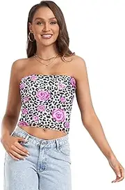 [RPLIFE] Pink Roses Leopart Print Summer Tube Tops, Women Strapless Top, Sheer Tube Tops, Trendy Crop Tops (S)