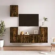Smoked Oak TV Stand Set - 5 Piece Entertainment Center, Living Room Furniture, Media Storage Cabinet, Wall Mounted Shelves for Bedroom, Modern Televisor Table