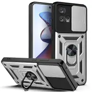 case For Moto Edge 30 Fusion Slide Camera Lens Protection and Built in 360 Rotatable Ring Holder - Silvery