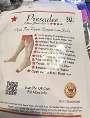 Presadee Open Toe 15-20 mmHg Moderate Compression Leg Zipper White Socks 3XL NIP