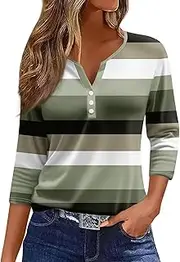 [Valtorixia] 3/4 Length Sleeve Women Henley V Neck Tops Casual Length Button Down Shirt Floral Print Blouses Plus Size Trendy Comfy Tees (color-b-32,Medium)