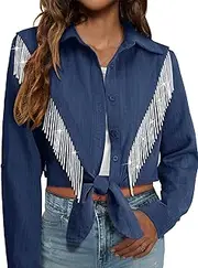 [MYMORE] Womens Rhinestone Fringe Cropped Button Down Shirt Rolled 3/4 Sleeve Tie Front Top Nashville Western Cowgirl Outfit
