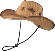 [AUZOEYTOYK] Straw Cowboy Sun Hat Classic Western Cowgirl Cap Foldable Straw Beach Hat Five-Pointed Star Retro Summer Panama Cap Wide Brim