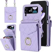 [XIMAND] for Samsung Galaxy Z Flip 4 Wallet Phone Case with Ring and Adjustable Crossbody Strap, Stylish and Muti-funtional Accordion Style Flip Case with 4 Card Slots for the Modern Women and girls（Purple）