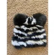 Bari Lynn Black White Stripe Rabbit Fur Beanie Hat w/ Ears NEW NWT Girls OSFM