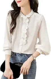 [Generic] Women's Long Sleeve Ruffled Shirt White Blouse Business Office Blouse