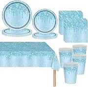 Baby Blue Shiny Glitter Diamond Tableware for Girls, 81pcs Birthday Dinnerware Set - Plates, Cups, Napkins, Tablecloth for Her Princess Party Supplies and Table Décor