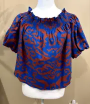 Nine West Off the Shoulder Linen Blend Blouse Lined Shirt Top Blue Large NEW NWT