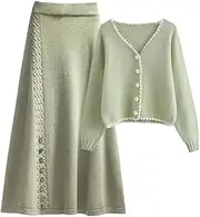 [keusyoi] Women Sweater Cardigan A-Line Skirts Two Piece Set Korean Lady V-Neck Knit Tops Skirt Outfits Basic Clothing