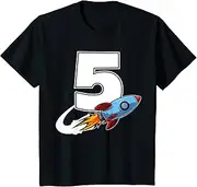 [X.Style] Kids Outer Space 5 Year Old 5th Birthday Five Rocket Ship Party ds1132 T-Shirt (S) Black