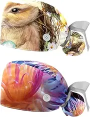[YTYVAGT] 2-Pc,Nurse Scrub Caps,Scrub Hats with Buttons and Cotton Sweatband,Easter Bunny Egg Watercolor
