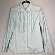 Talbots Button Down Shirt Top Blouse Medium Blue White Stripe Ruffle Front NWT