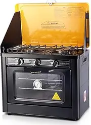 Devanti Portable Gas Oven, 2 Burner Camping Stove Benchtop Ovens Baking Plate Grill Camp Cooking Outdoor Travel Cooker Bakeware Machine, with Removable Racks Stainless Steel Black