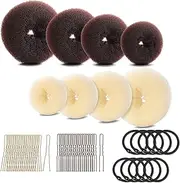 Donut Hair Bun Maker 8 Pieces, Ring Style Bun Maker Set with Hair Bun Makers (2extra-large, 2 large, 2 medium and 2 small), 10 pieces Hair Elastic Bands, 20 pieces Hair Pins