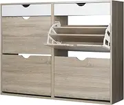 [OIKITURE] Shoe Storage Cabinet - with 2 Drawers 4 Flip-Up Compartments, Adjustable Shelves, Narrow Wooden Footwear Cabinet, for Front Door Entryway