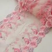 Lace Ribbon，Lace Trim， lace Ribbon 10" Wide Pink Lace Trims, Flowers Embroidered Mesh Fabric, 1 Yard Elegant Crafting Ribbon for Garment DIY