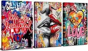 3 Piece Graffiti Wall Art Banksy Pictures Wall Decor Abstract Colorful Canvas Pictures for Living Room Pop Art Wall Decor Street Paintings Posters Modern Artwork Teens Bedroom Home Decorations 12x16”