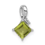 Sterling Silver Rhodium Plated Diamond and Peridot Square Pendant