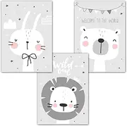 Posters Nursery Pictures Baby Room – Set of 3 A4 Wall Pictures Decoration for Boys in Scandinavian Style Grey Pink – Children's Poster (Set Grey, Baby Room, Animals)