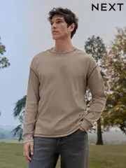 Neutral Stone Long Sleeve Ribbed Texture T-Shirt (E86464) | $19