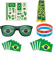2022 Qatar World Cup Brazil Cheerleading Kit, 10 Hand Waving Flags, 1 Scarf, 1 Pair of Glasses, 2 Tattoo Stickers, 2 Soccer Bands for Bar Fan Party