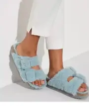 Birkenstock Arizona Big Buckle Shearling Slide Sandal Teddy Faded Aqua NEW 39