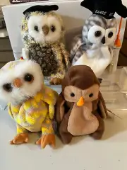 BEANIE BABIES BUNDLE 4 OWLS, TWILIGHT, 1999, 2005 & HOOT NEW, WITH TAGS
