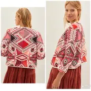 Anthropologie Abstract Quilted Jacket Aztec Western Red Pink L Embroidered Boho