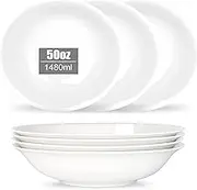 ALLUSEIT Serving Bowls, 50oz | 1.5L Ceramic Versatile Large Bowl Set of 4 for Pasta Salad Soup Pho Ramen Stir-Fry Stew Seafood Fruit etc. White Porcelain Microwave Safe, Φ9.2” | 23.5cm