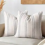 Sunlit 18x18 inch/45x45 cm Decorative Farmhouse Linen Throw Pillow Covers, Set of 2 Boho Textured Pillow Cases, Beige with White & Navy Stitch Yarn Dyed Stripe Cushion Cover (Cover ONLY)