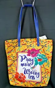 Pray More Worry Less Colorful Canvas Tote With Dragonflies NWT